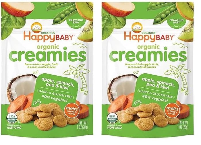 Happy Baby Organics Creamies Freeze-Dried Veggie & Fruit Snacks with Coconut Milk, Apple Spinach Pea & Kiwi