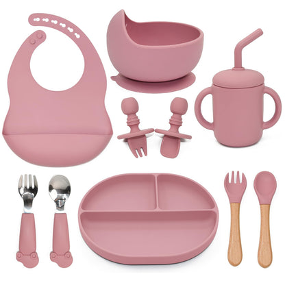 Silicone Baby Feeding Set, 10PCS Baby Led Weaning Supplies with Suction Bowl and Divided Plate, Bib Baby Cup Spoons Forks -Baby Feeding Essentials for 6+ Months