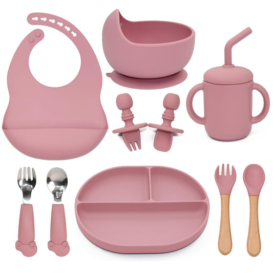Silicone Baby Feeding Set, 10PCS Baby Led Weaning Supplies with Suction Bowl and Divided Plate, Bib Baby Cup Spoons Forks -Baby Feeding Essentials for 6+ Months