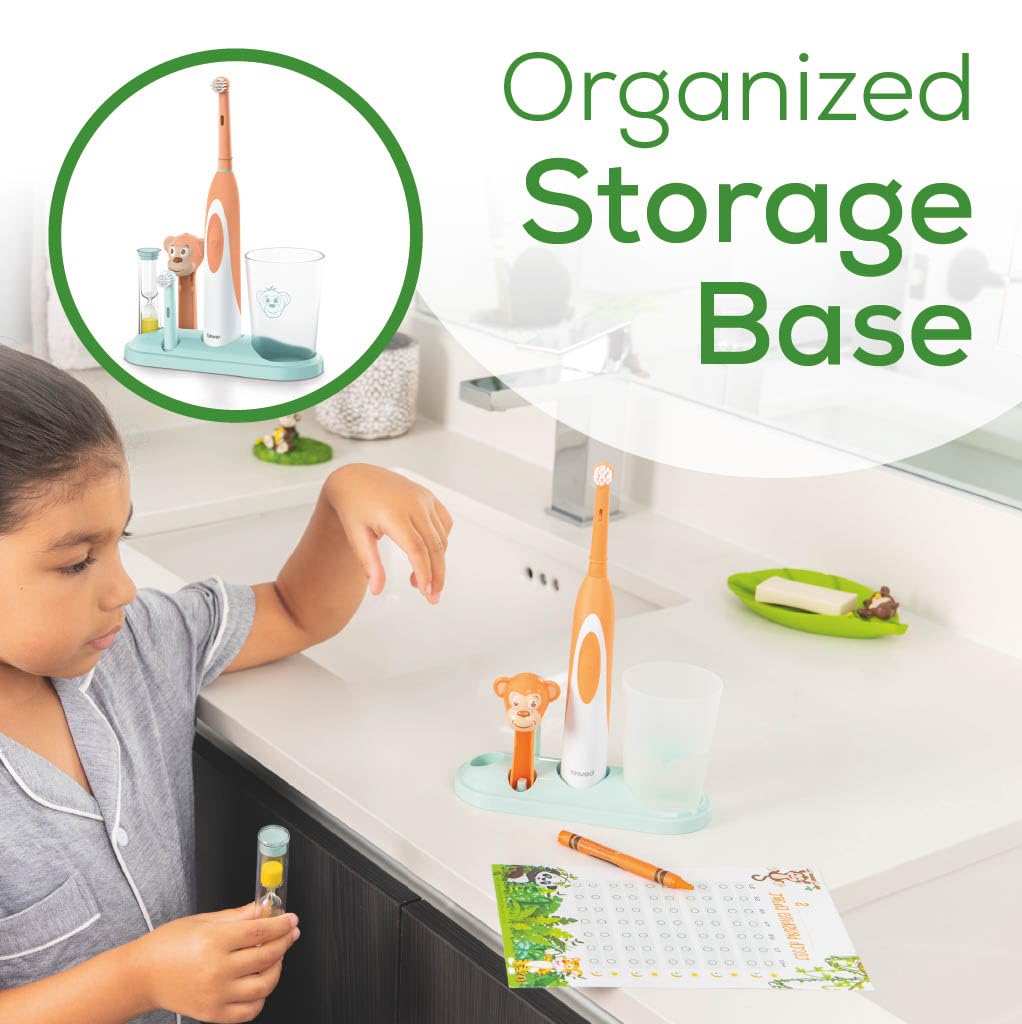 Beurer TB10 Kids Electric Toothbrush Kit - Fun Milo The Monkey Cap with 2 Extra-Soft Brush Heads to Help Remove Plaque, 2 Minute Timer, and Rinse Cup, BPA-Free, Safe for Ages 3+