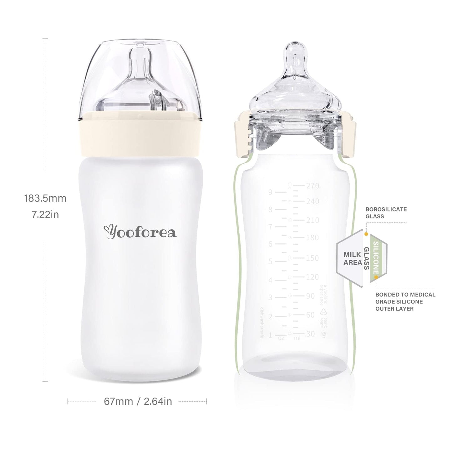 Yooforea Silicone Coated Glass Baby Bottle, 0M+ Slow Flow Nipple I Anti-Colic, Wide Neck, Stable Base I Medical-Grade Silicone Coating for Shatter Protection, BPA BPS PVC Free (3 Ounce-Honey)