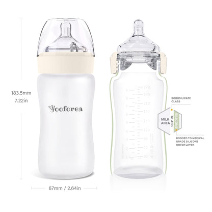 Yooforea Silicone Coated Glass Baby Bottle, 0M+ Slow Flow Nipple I Anti-Colic, Wide Neck, Stable Base I Medical-Grade Silicone Coating for Shatter Protection, BPA BPS PVC Free (3 Ounce-Honey)