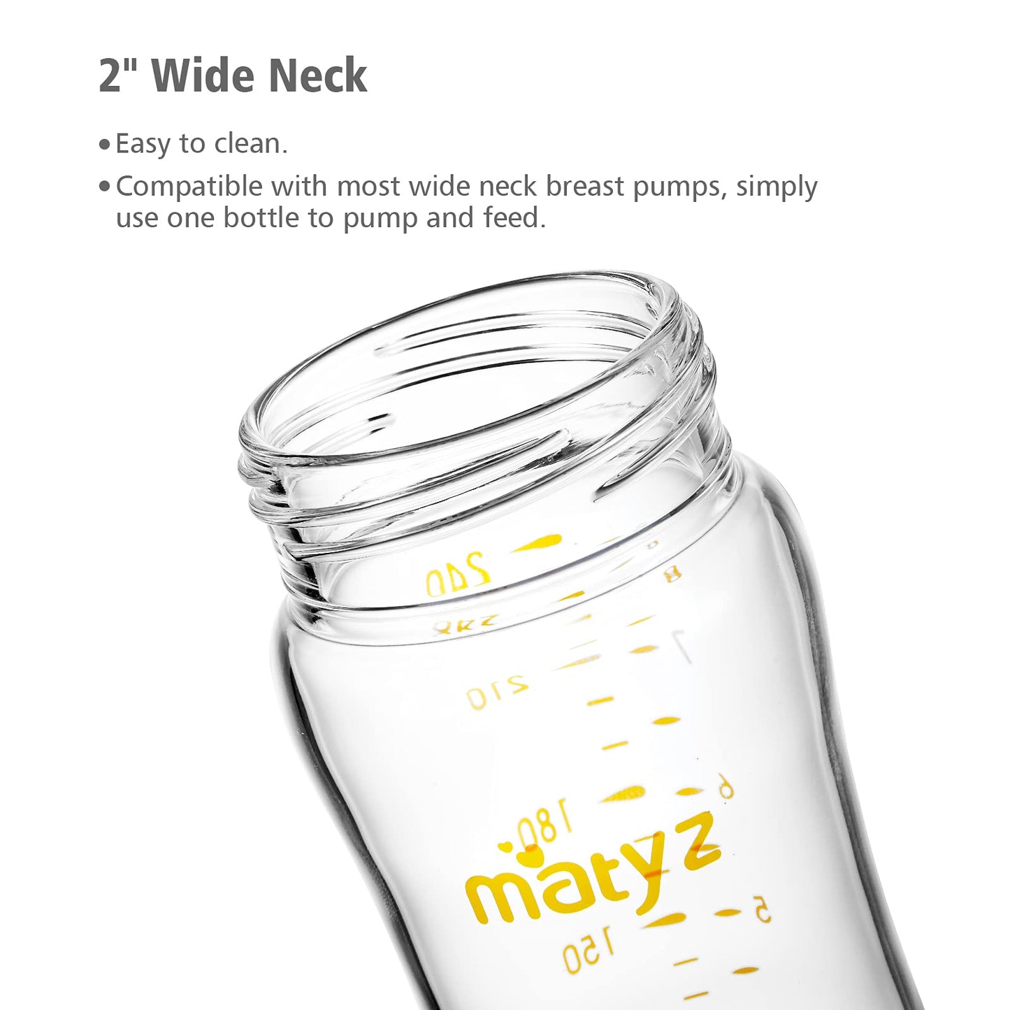 Matyz 8 Ounce Glass Baby Feeding Bottle With Nipple - Light and Slim, Easy to Hold and Clean - Food Grade Borosilicate Glass, Wide Neck for Breastmilk Feeding, No BPA (Pink Lids)