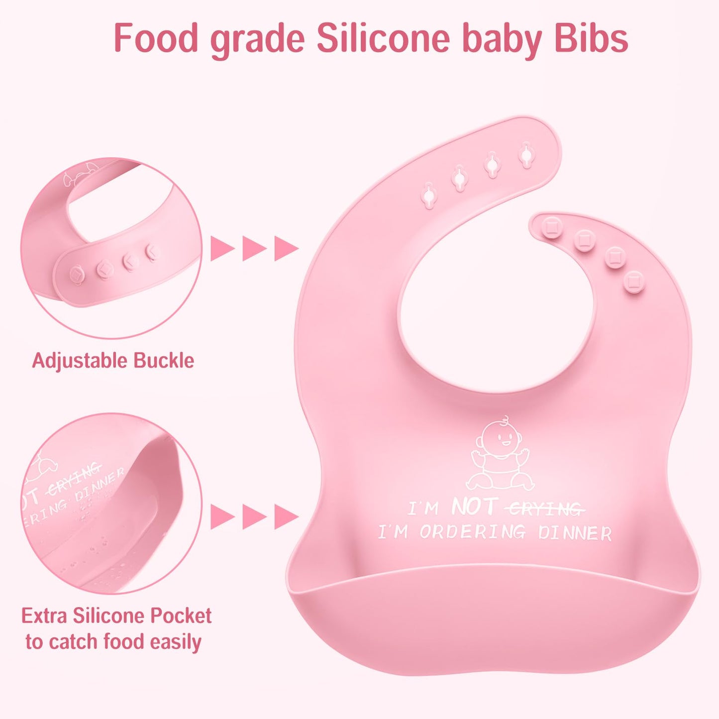 Silicone Baby Feeding Set, 8 Pcs Baby Led Weaning Supplies, Baby Feeding Essentials for 6+ Months, Toddler Weaning Set with Bib, Baby Plate and Bowl with suction(Pink-ToiyBosm Design)