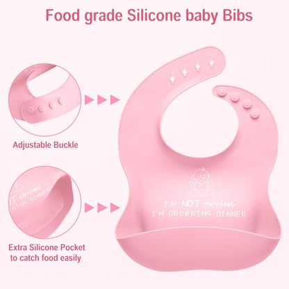 Silicone Baby Feeding Set, 8 Pcs Baby Led Weaning Supplies, Baby Feeding Essentials for 6+ Months, Toddler Weaning Set with Bib, Baby Plate and Bowl with suction(Pink-ToiyBosm Design)