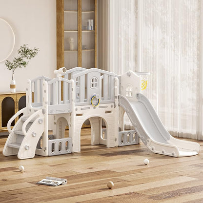 KORIMEFA 8 in 1 Toddler Slide Set, Kids Slide for Toddlers Age 1-3, Toddler Climber PlaySet with Basketball Hoop and Ball, Outdoor Indoor Kids Playground for Toddlers 1-3, Beige