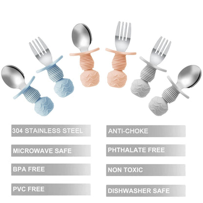 PandaEar 6 Pack Stainless Steel Toddler Spoons and Fork Feeding Set - Anti-Choke First Self Feeding Utensils for Kids Baby Girls Led Weaning Ages 18 Months+ (Pink/Beige)