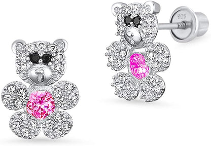 925 Sterling Silver Rhodium Plated Teddy Bear Cubic Zirconia Screwback Baby Girls Earrings