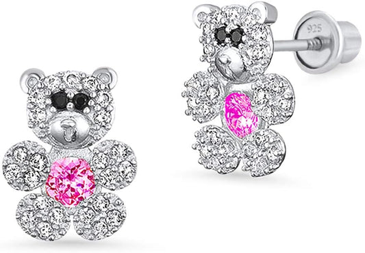 925 Sterling Silver Rhodium Plated Teddy Bear Cubic Zirconia Screwback Baby Girls Earrings
