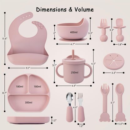 Baby Feeding Set, 13PCS Silicone Baby Self Feeding Set, Toddler Led Weaning Utensils Set with Suction Bowl and Plate, 3 Set of Baby Spoon and Fork, Adjustable Bid, Sippy Cup with Straw and 2 Lids