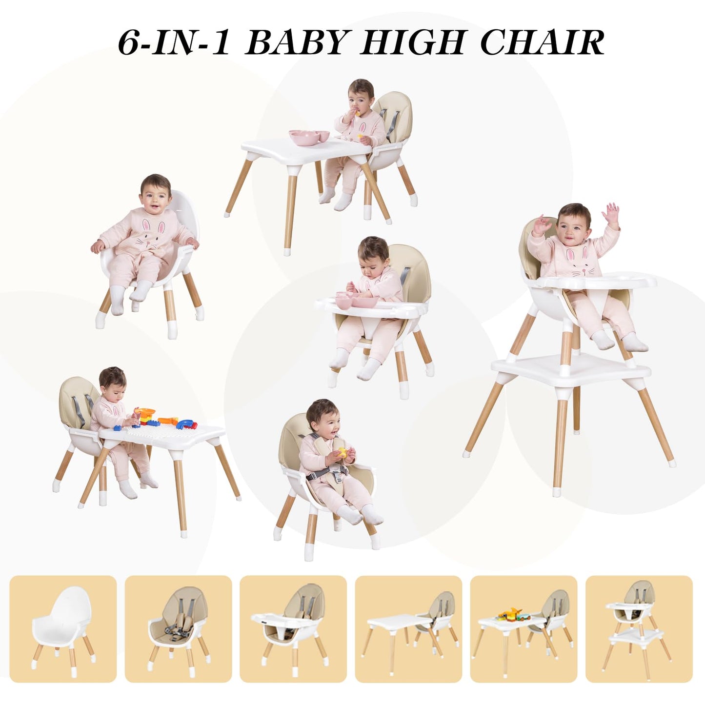 High Chair for Babies & Toddlers, Convertible Wooden 6 in 1 Baby Highchair, Table and Chair Set, Building Block Table, 5-Point Adjustable Seat Belts, 4-Position Removable Tray& PU Seat Cushion (Black)