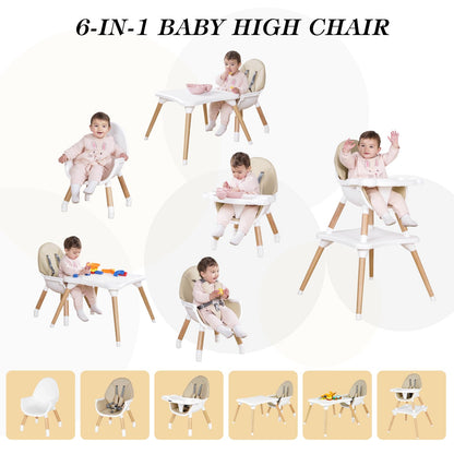 High Chair for Babies & Toddlers, Convertible Wooden 6 in 1 Baby Highchair, Table and Chair Set, Building Block Table, 5-Point Adjustable Seat Belts, 4-Position Removable Tray& PU Seat Cushion (Black)