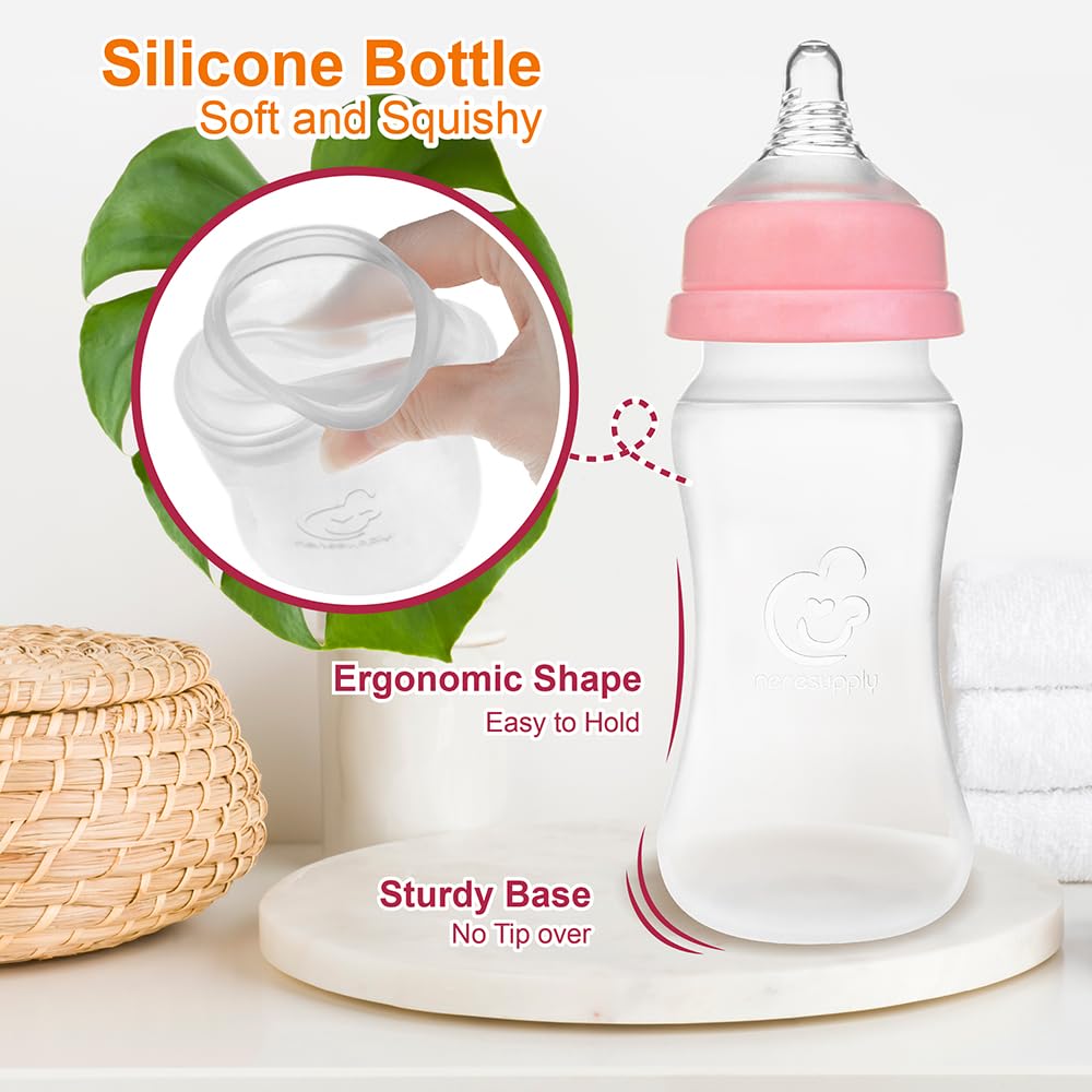 Nenesupply Natural Baby Bottles Newborn Feeding Bottles Slow Flow Breastfeeding Bottle for Breastfed Babies Wide Neck 9oz Anti Colic Level 2 Nipple for 1+ Month Infant Replace Spectra Bottle Pumping