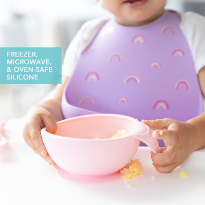 Bumkins Baby Bowls, Disney Minnie Mouse Silicone Baby Feeding Set, Suction Bowls for Baby and Toddler with Spoon, First Feeding Set, Platinum Silicone Bowl for Babies 4 Months