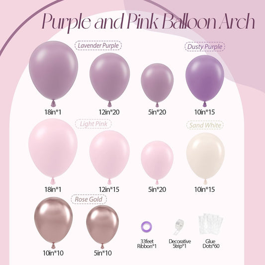 Lavender Balloon Garland Arch Kit, 130pcs Pink and Purple Balloon Arch Kit with Dusty Purple Light Pink Sand White Metallic Rose Gold Balloons for Birthday Wedding Butterfly Baby Shower Decorations