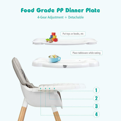 BABY JOY 6 in 1 High Chair, Convertible High Chairs for Babies and Toddlers/Booster Seat/Table and Chair Set, Infant Wooden Highchair w/ 5-Point Harness, 4-Position Removable Tray & PU Cushion, Coffee