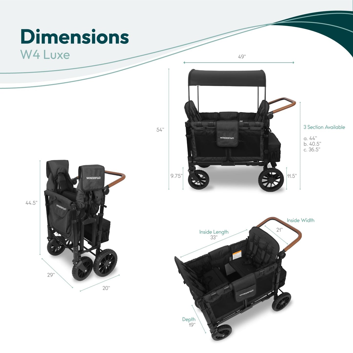 WONDERFOLD W4 Luxe Quad Stroller Wagon Featuring 4 High Face-to-Face Seats with Magnetic Buckle 5-Point Harnesses and Adjustable/Removable UV-Protection Canopy, Hunter Green