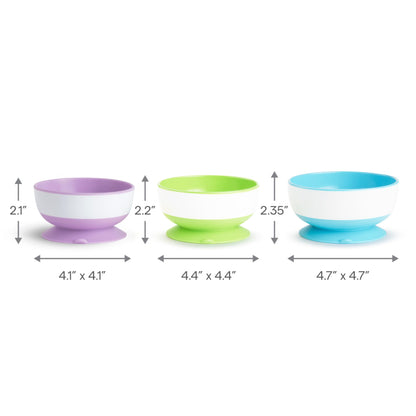 Munchkin Stay Put Suction Bowls for Baby and Toddler, 3 Pack, Blue/Green/Purple