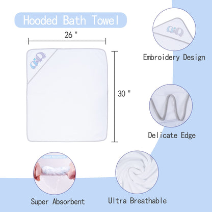 Viviland Baby Towels and Baby Wash Cloths Set Hooded Baby Towels Baby Wipes Absorbent Bath Face Towels Burp Cloths or Face Towels for Girl Boy 6-Pack Size 28 x 28 Inch(Elephant Flower)