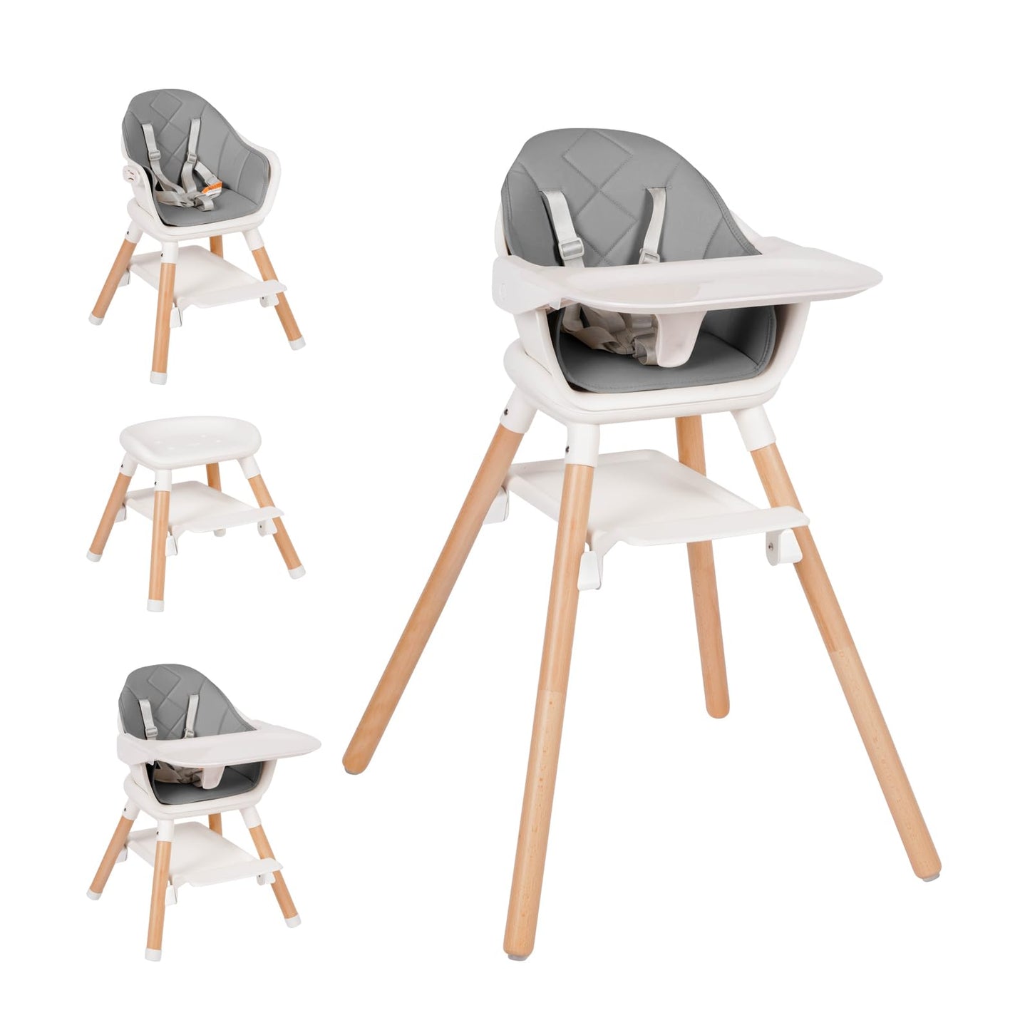 Baby High Chair, 6 in 1 Wooden Convertible High Chairs for Babies and Toddlers, Booster Seat with Double Tray & Reversible Footrest, 5-Point Harness Infants Feeding Seat, Black