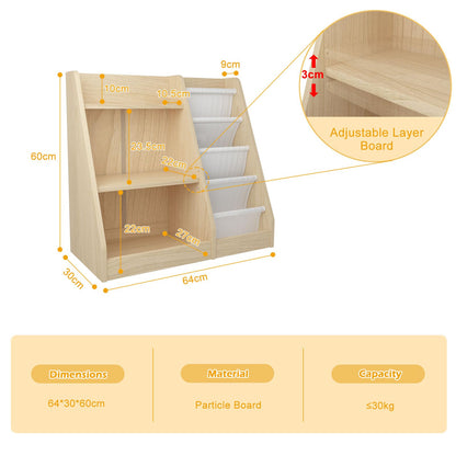 White Kids Bookshelf Wood Toy Storage Organizer Cabinet Children Bookcase Toddler Baby Sling Book Rack 3 Cube Bins Fabric Drawers for Playroom Bedroom Nursery School