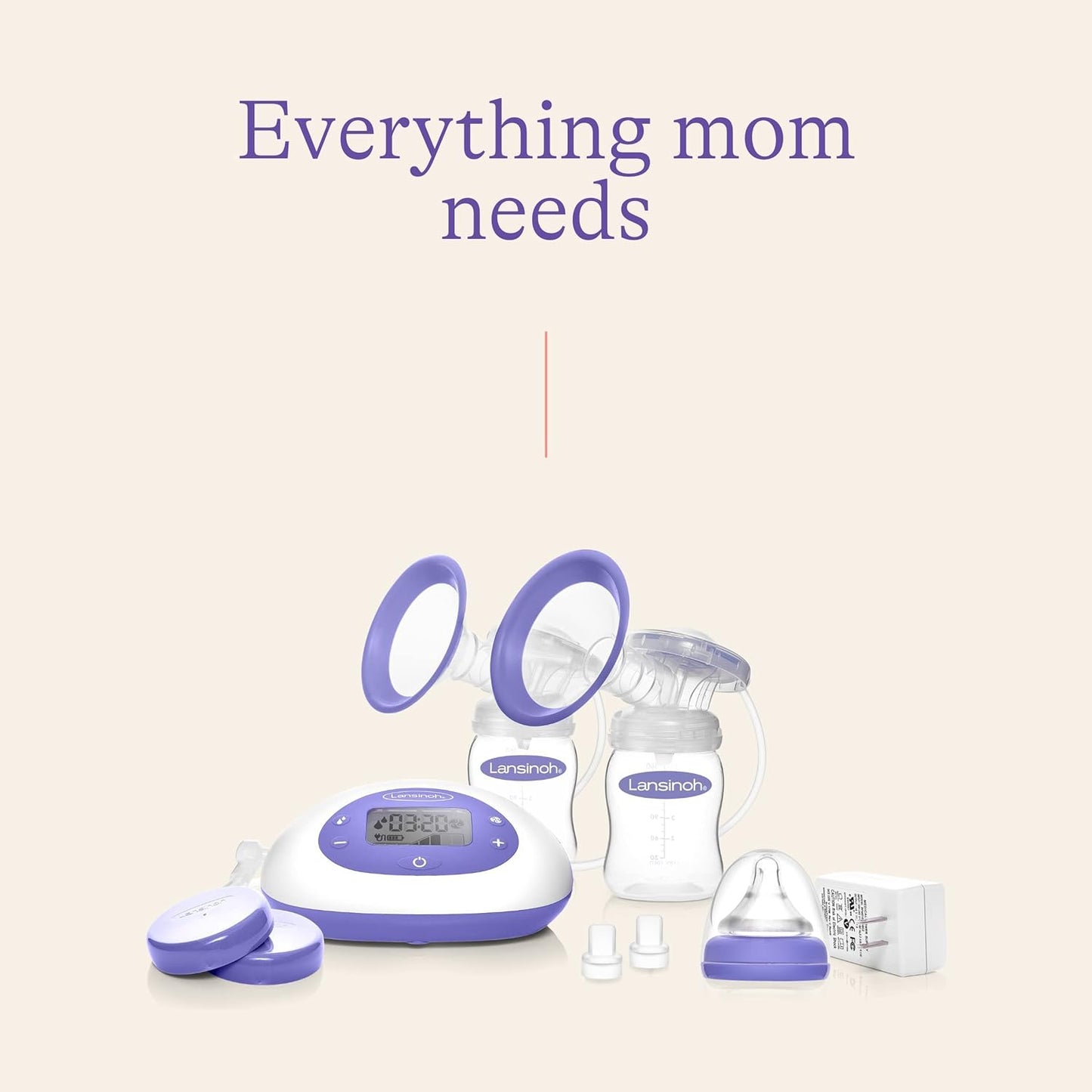 Lansinoh Signature Pro Double Electric Breast Pump, Portable Breast Pump, 3 Power Options, LCD Display, Includes Breast Pump Bag, 25mm Breast Pump Flanges and 2 Lansinoh Baby Bottles (pack of 1)