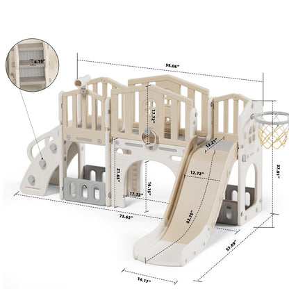 KORIMEFA 8 in 1 Toddler Slide Set, Kids Slide for Toddlers Age 1-3, Toddler Climber PlaySet with Basketball Hoop and Ball, Outdoor Indoor Kids Playground for Toddlers 1-3, Beige