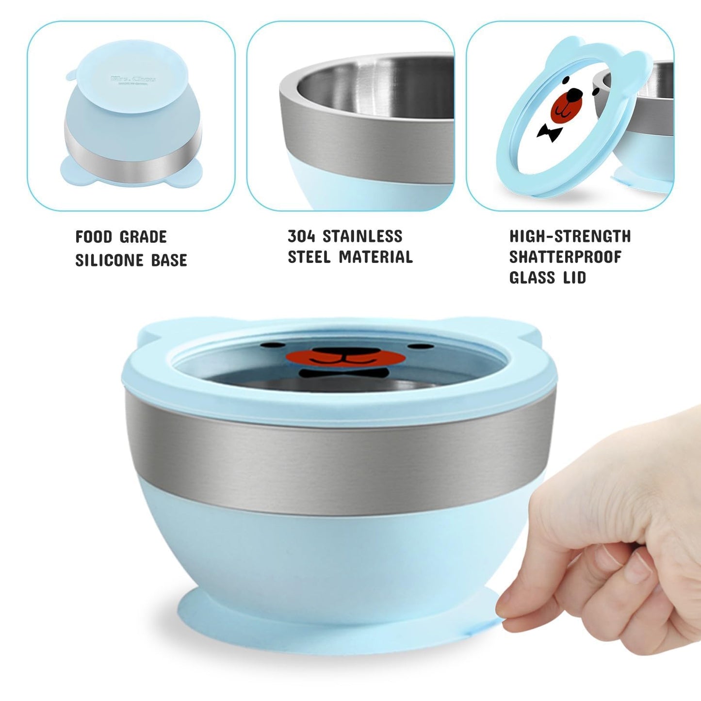 Suction Bowl and Spoon Set for Babies and Toddlers Non-Slip Silicone Suction Cups, Advanced 304 Stainless Steel Bowls, Double-Layer Insulation, and BPA-Free Lids Food-Grade Safety BLUE