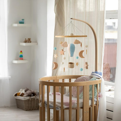 Baby Crib Mobile for Boys Girls, Wooden Boho Nursery Mobile Hot Air Balloon Stars Moon Space Bed Bell Hanging Toys Pendant Wind Chimes Decorations, Blue