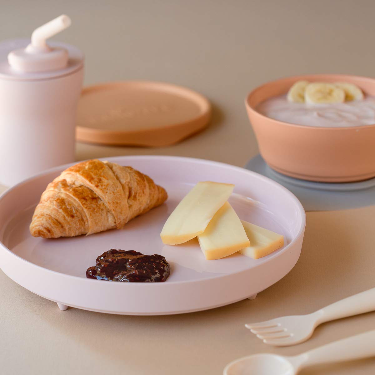 Miniware Little Foodie Set with Cereal Bowl, Sandwich Plate, My First Cutlery Set, 1-2-3 Sip Cup, and Detachable Suction Foot for Baby Toddler Kids (Little Camper)