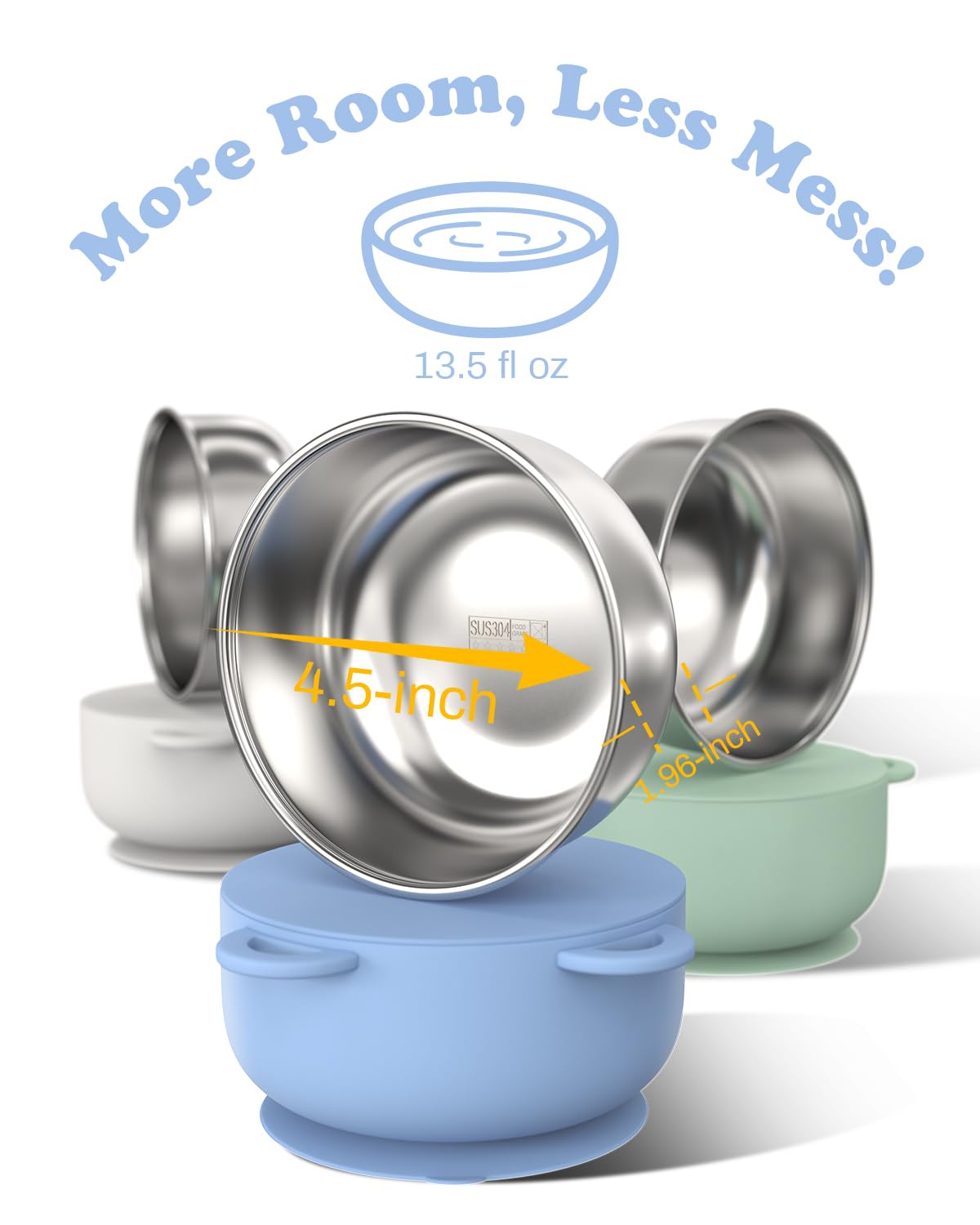 Baby Suction Bowls with Lids 4-Pack, 2-in-1 Stainless Steel 304 Toddler Bowl & Removable Silicone Suction Kids Bowl Plate Set Non Toxic Snack Dishes for Self-Feeding, Sunrise Meadow