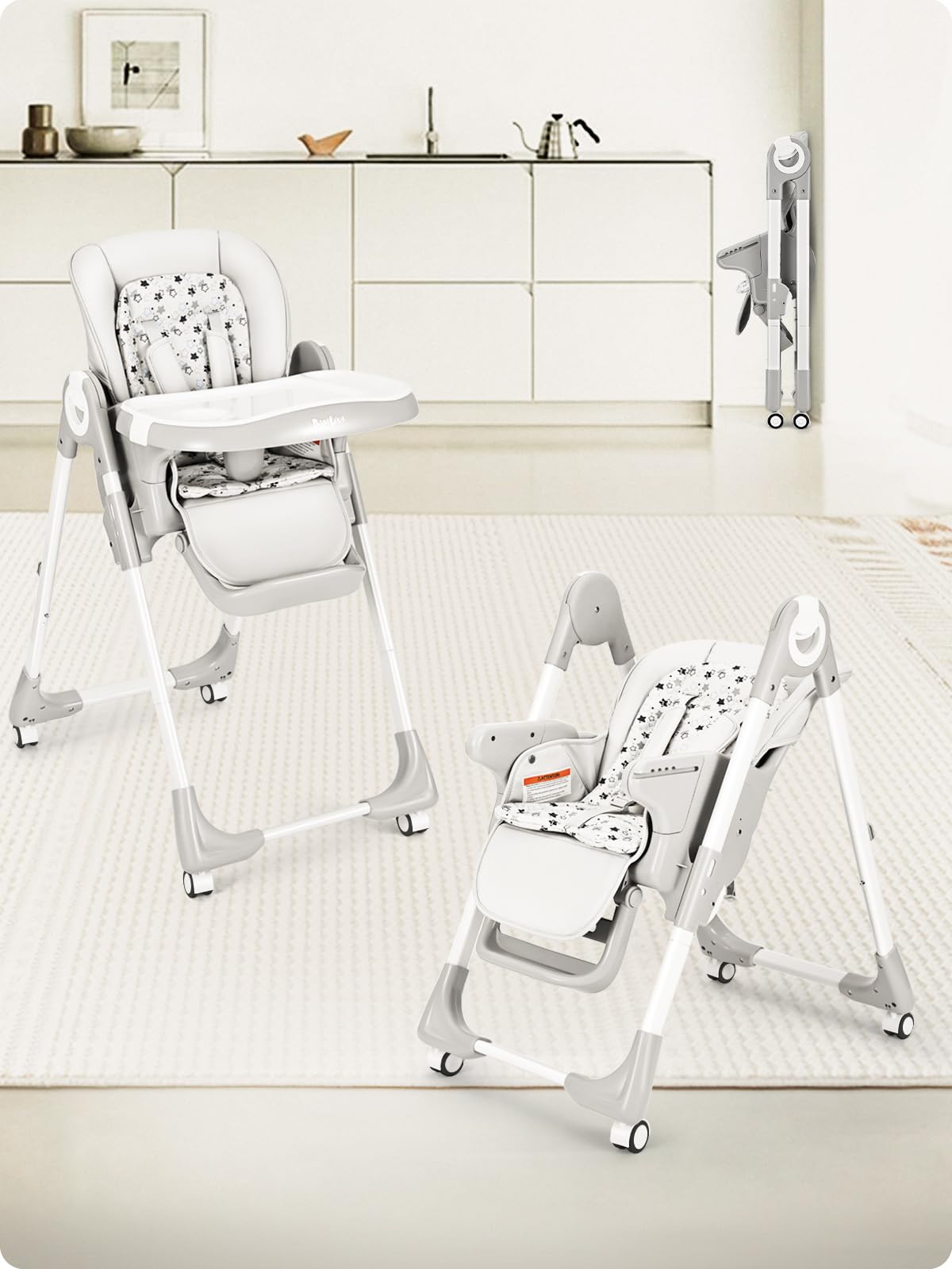 Convertible High Chairs for Babies and Toddlers, Foldable High Chair with Adjustable Backrest, Footrest and Tray, Baby Dinning High Chair with Lockable Wheels, Star Pink