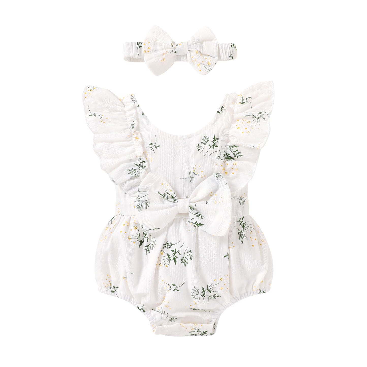 YOUNGER TREE Newborn Baby Girl Clothes Ruffle Sleeve Rompers Infant Backless Floral Jumpsuit Summer Outfits with Headband
