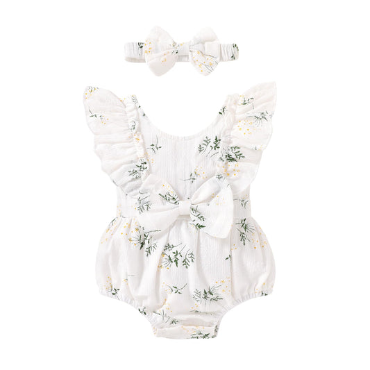 YOUNGER TREE Newborn Baby Girl Clothes Ruffle Sleeve Rompers Infant Backless Floral Jumpsuit Summer Outfits with Headband