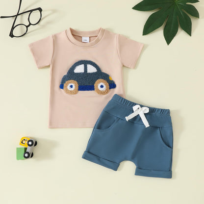 Toddler Baby Boy Summer Clothes Embroidered Farm Tractor Shirt and Short Set 2-Piece Outfits for Boys