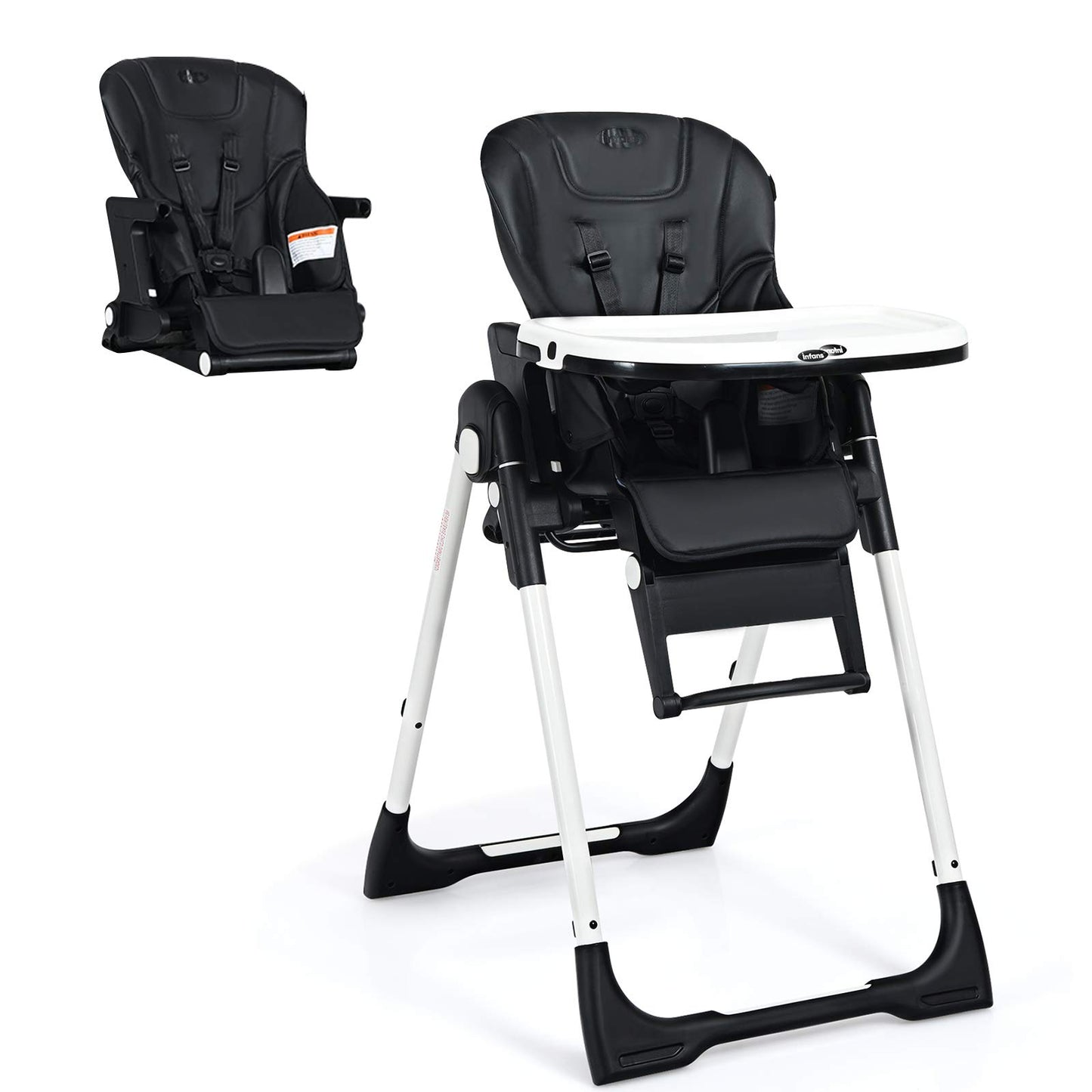 INFANS High Chair for Babies & Toddlers, Foldable Highchair with Multiple Adjustable Backrest, Footrest and Seat Height, Removable Tray, Detachable PU Leather Cushion, Built-in Rear Wheels (Black)