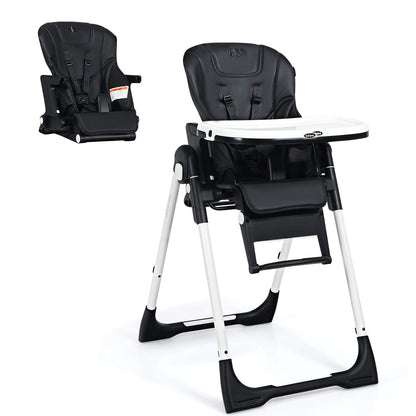 INFANS High Chair for Babies & Toddlers, Foldable Highchair with Multiple Adjustable Backrest, Footrest and Seat Height, Removable Tray, Detachable PU Leather Cushion, Built-in Rear Wheels (Black)