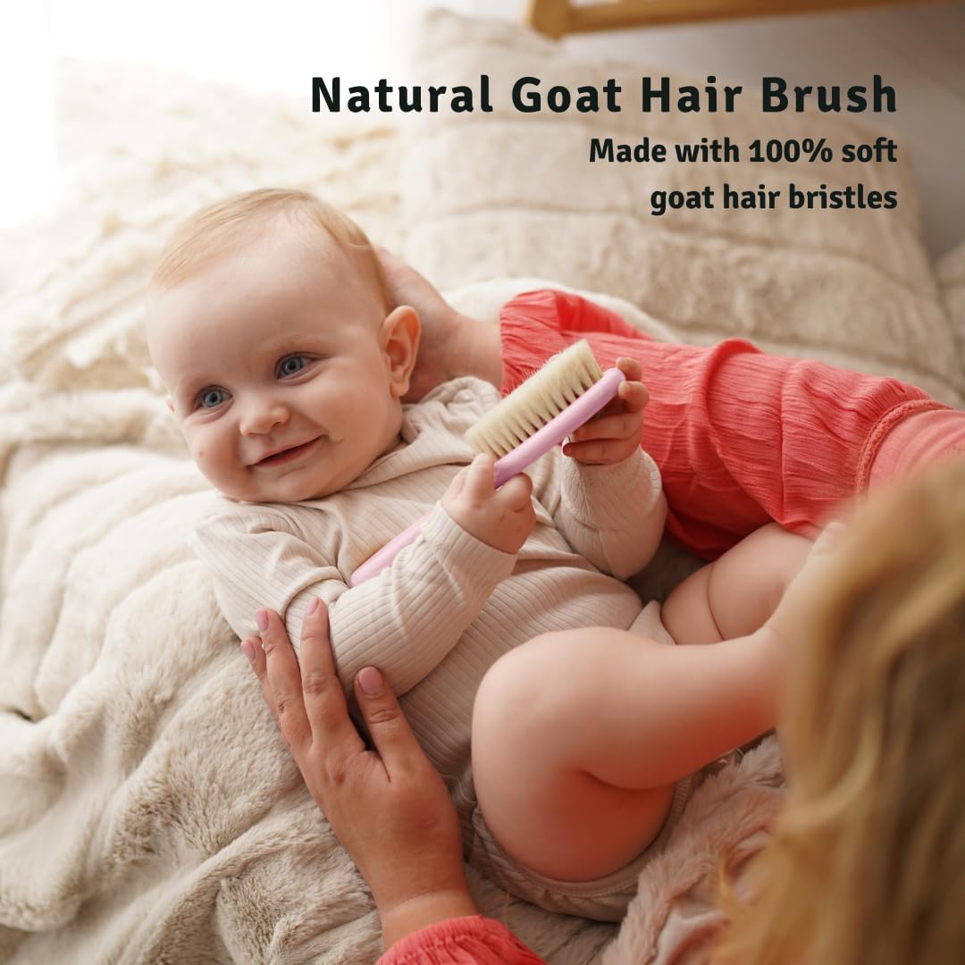 Baby Hair Brush with Soft Goat Bristles - Wooden Cradle Cap Brush for Newborns, Infants, Toddlers, and Kids - Gentle Scalp Grooming and Styling for Baby Girls and Boys (Sky)