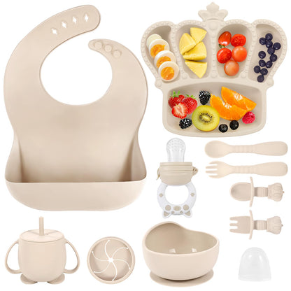 Silicone Baby Feeding Set 10 Pcs Baby Led Weaning Supplies Suction Bowl Divided Plate Baby Bibs Fruit Feeder Baby Spoons Forks Sippy Cup Toddler Utensil Sets Baby Essentials for Newborn Gift