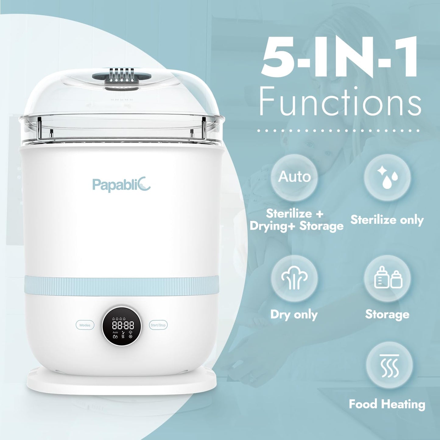 Papablic Baby Bottle Sterilizer and Dryer, Esterilizador De Biberones, Electric Steam Sterilizer for Baby Bottles, Pacifiers, and Pump Parts, Large Capacity 10 Bottle, Fast Sanitizes and Dries Bottles