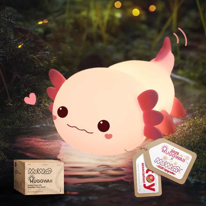 Huggwaii Squishy Axolotl Night Light for Kids – Dimmable Silicone Axolotl Lamp, 2025 Upgraded Baby Night Light, Rechargeable, 20H Battery Life, Sleep Aid Gift for Toddlers, Girls&Room Decor