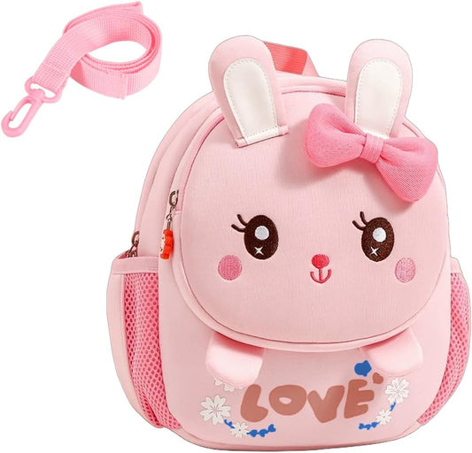 Toddler Backpack Cute Bunny Backpack with Leash and Chest Buckle Mini Kids 3D Cartoon Travel Bag for Girls 3-6