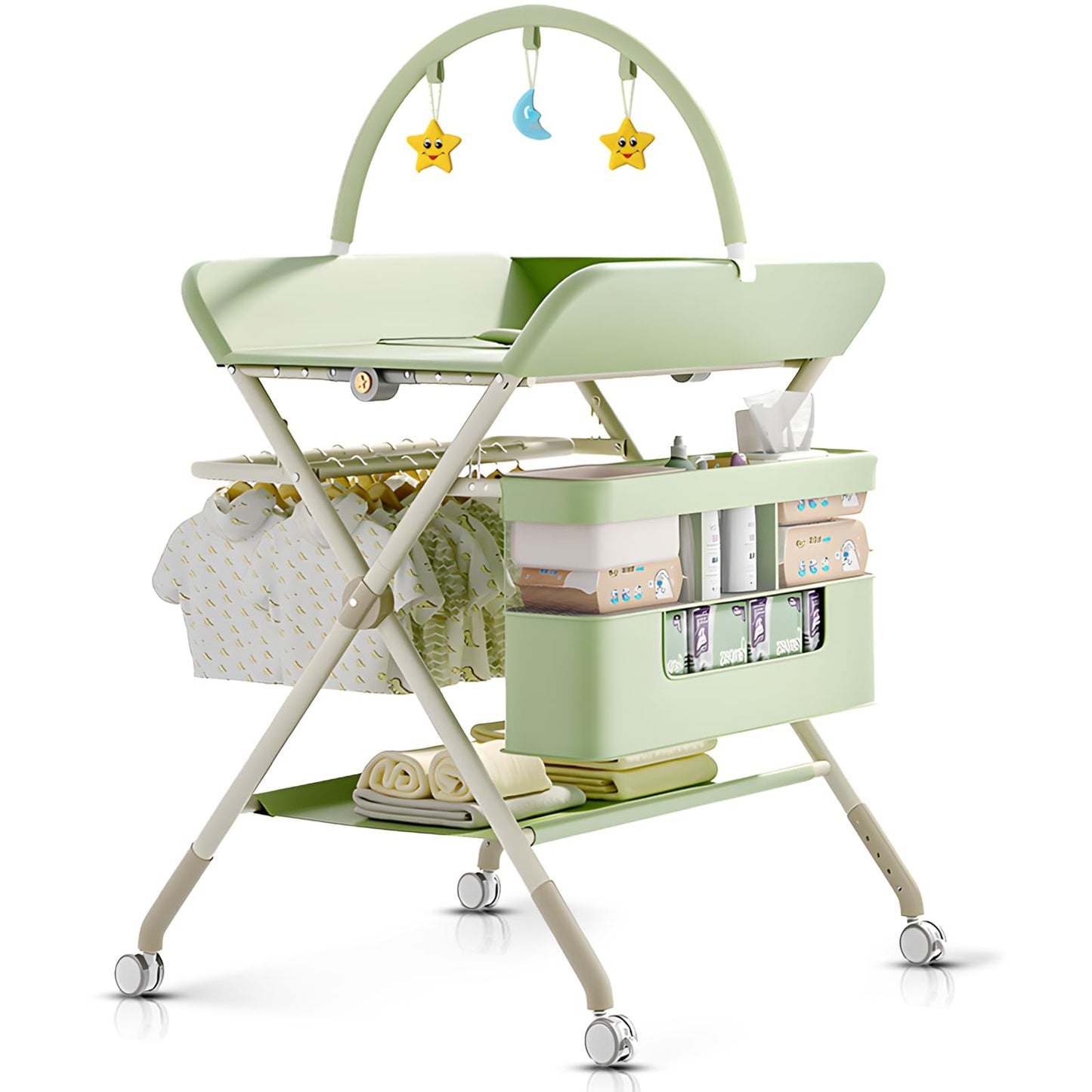 Foldable Portable Changing Table for Baby,Upgraded Style Baby Portable Diaper Changing Station with Wheels,Nursery Five Level Adjustable Height Changing Table with Organizer Storage(Green)