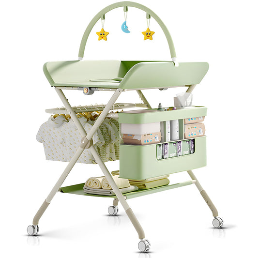 Foldable Portable Changing Table for Baby,Upgraded Style Baby Portable Diaper Changing Station with Wheels,Nursery Five Level Adjustable Height Changing Table with Organizer Storage(Green)