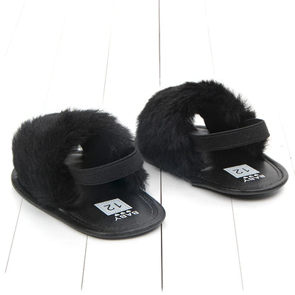 2 Pack Infant Baby Girls Sandals Elastic Back Strap Flats Slippers Soft Toddles Princess Shoes Faux Fur Slides Shoes First Walker House Shoes
