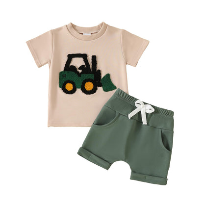 Toddler Baby Boy Summer Clothes Embroidered Farm Tractor Shirt and Short Set 2-Piece Outfits for Boys