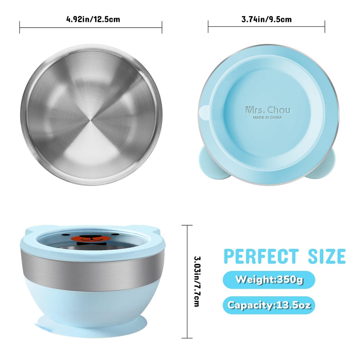 Suction Bowl and Spoon Set for Babies and Toddlers Non-Slip Silicone Suction Cups, Advanced 304 Stainless Steel Bowls, Double-Layer Insulation, and BPA-Free Lids Food-Grade Safety BLUE