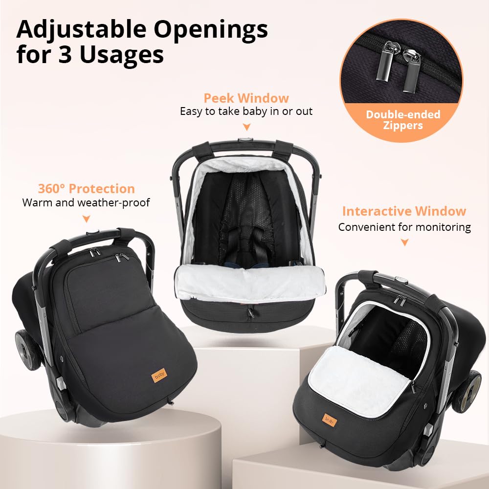 Bioby Winter Baby Car Seat Cover, Infant Car Seat Cover for Boy Girl, Roomy, Cozy, Warm, Waterproof Baby Carseat Covers Canopy with Thickened Fleece Lining, Breathable Hole, Universal Fitted Black