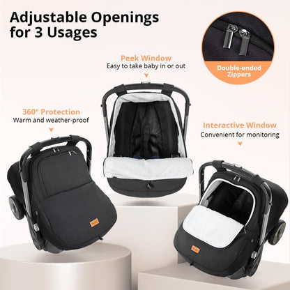Bioby Winter Baby Car Seat Cover, Infant Car Seat Cover for Boy Girl, Roomy, Cozy, Warm, Waterproof Baby Carseat Covers Canopy with Thickened Fleece Lining, Breathable Hole, Universal Fitted Black