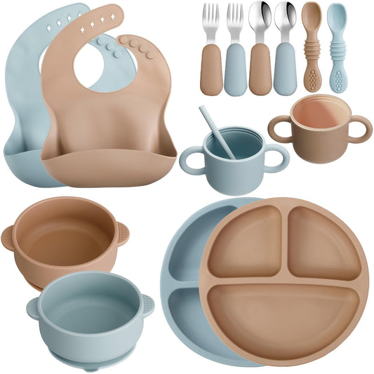16 Pcs Baby Led Weaning Supplies Silicone Baby Feeding Set Plates with Suction Utensils with Divided Adjustable Bib Bowl Cutlery Snack Cup Spoons Straw 6 Months+(Purple, Pink)